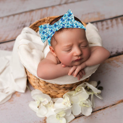 Blue Floral - Bow Headband Hairband for Newborn Babies