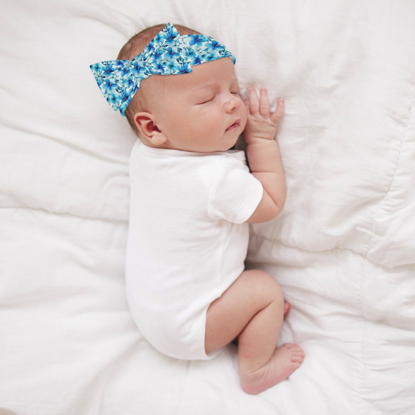 Blue Floral - Bow Headband Hairband for Newborn Babies