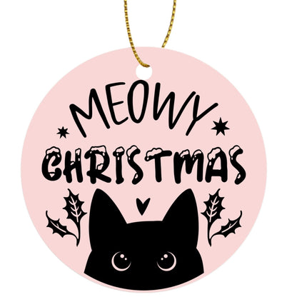 Meowy Christmas - Cat Lovers Round Ceramic Double-Sided Christmas Tree Ornament  (1pc & 6pcs)