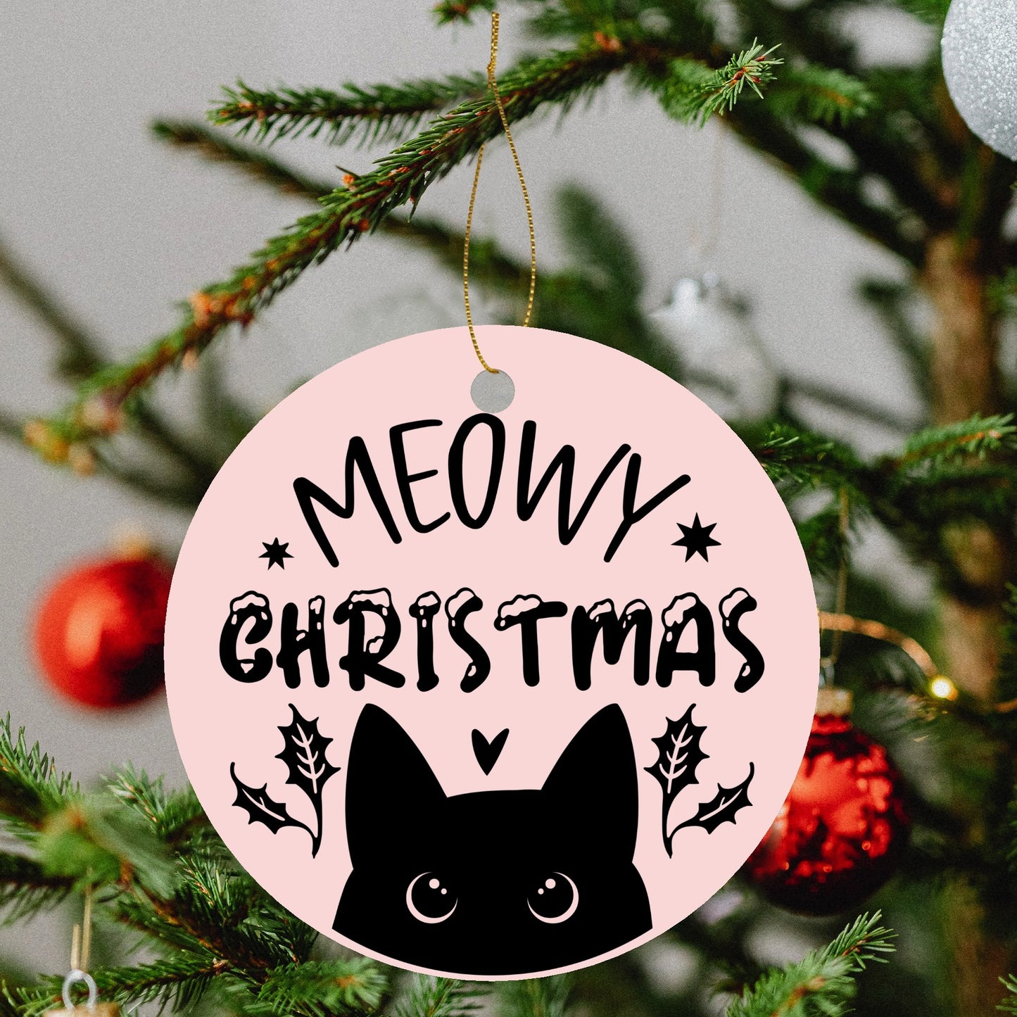 Meowy Christmas - Cat Lovers Round Ceramic Double-Sided Christmas Tree Ornament  (1pc & 6pcs)