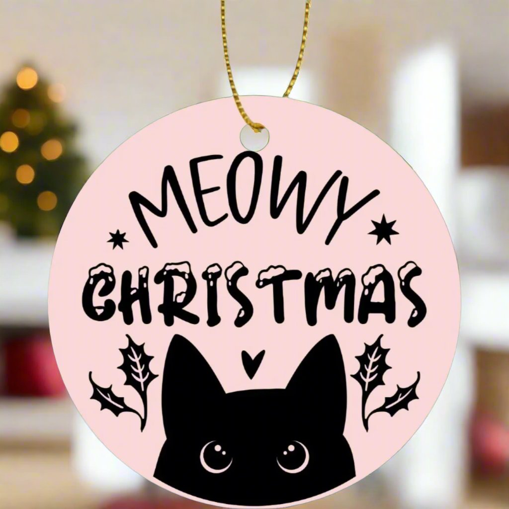 Meowy Christmas - Cat Lovers Round Ceramic Double-Sided Christmas Tree Ornament  (1pc & 6pcs)