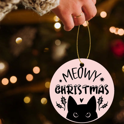 Meowy Christmas - Cat Lovers Round Ceramic Double-Sided Christmas Tree Ornament  (1pc & 6pcs)