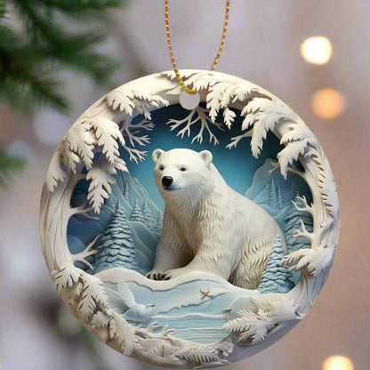 Merry Christmas from the Great White North - Dopamine Hits Round Christmas Tree Ornament Featuring a 3D Polar Bear