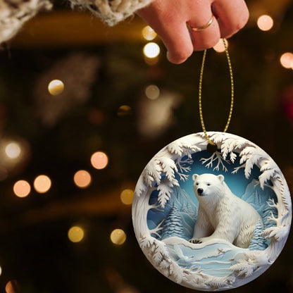 Merry Christmas from the Great White North - Dopamine Hits Round Christmas Tree Ornament Featuring a 3D Polar Bear