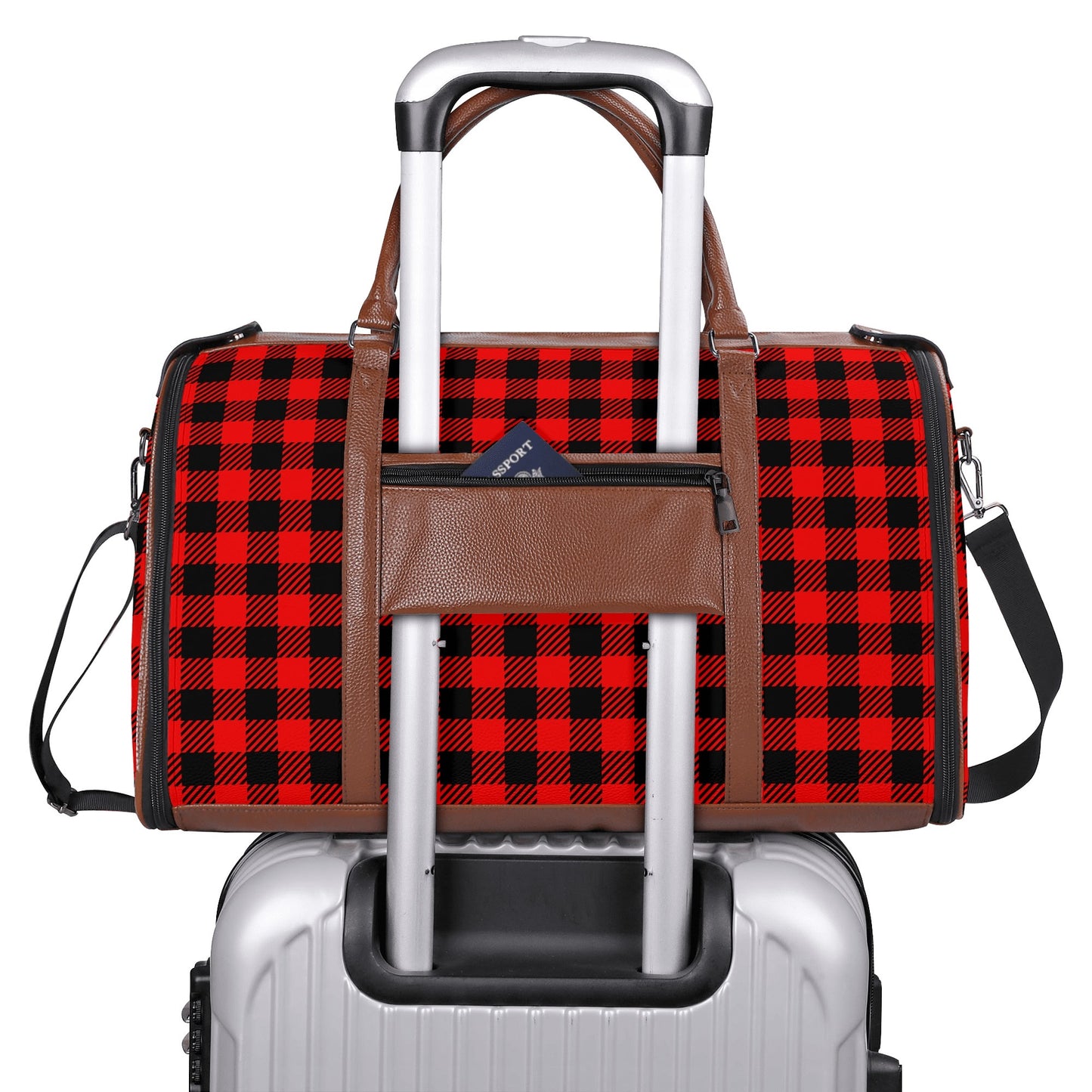 Canadian Buffalo Plaid - PU Leather Foldable Travel Bag – Convertible From Garment Bag to Duffle Bag