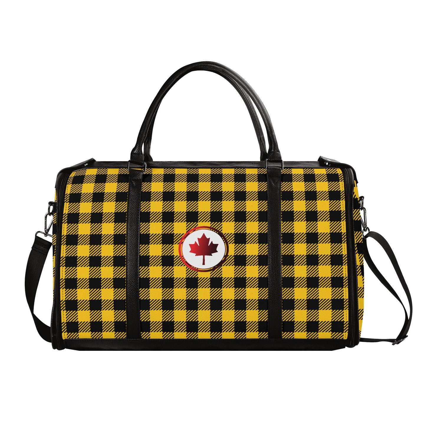 Canadian Maple Leaf Buffalo Plaid - PU Leather Foldable Travel Bag – Convertible From Garment Bag to Duffle Bag