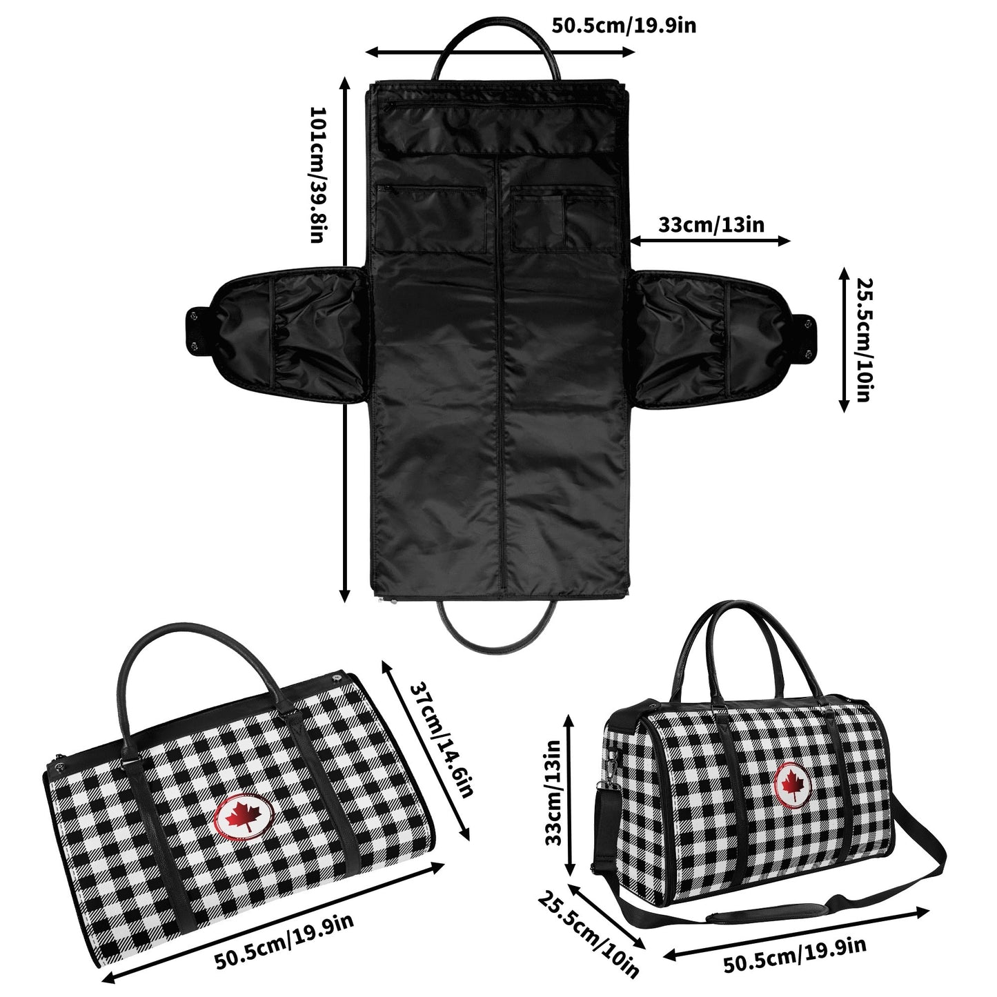 Canadian Maple Leaf Buffalo Plaid - PU Leather Foldable Travel Bag – Convertible From Garment Bag to Duffle Bag