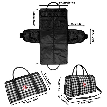 Canadian Maple Leaf Buffalo Plaid - PU Leather Foldable Travel Bag – Convertible From Garment Bag to Duffle Bag