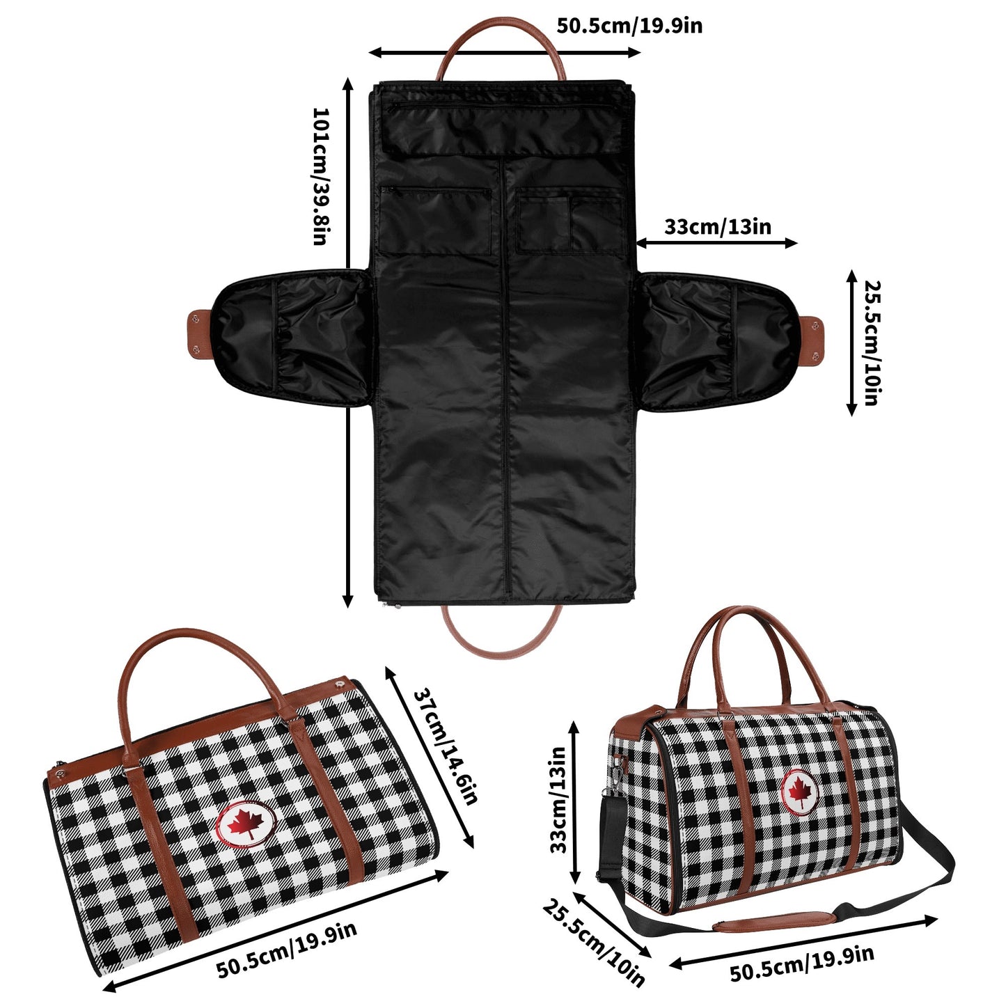 Canadian Maple Leaf Buffalo Plaid - PU Leather Foldable Travel Bag – Convertible From Garment Bag to Duffle Bag