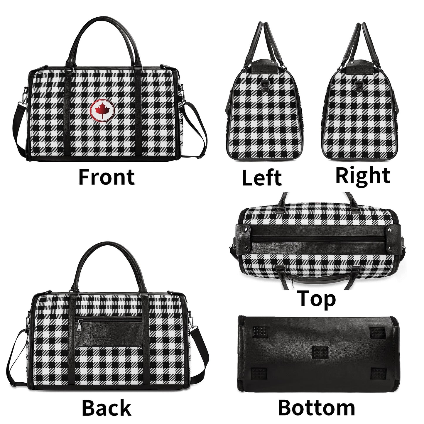 Canadian Maple Leaf Buffalo Plaid - PU Leather Foldable Travel Bag – Convertible From Garment Bag to Duffle Bag