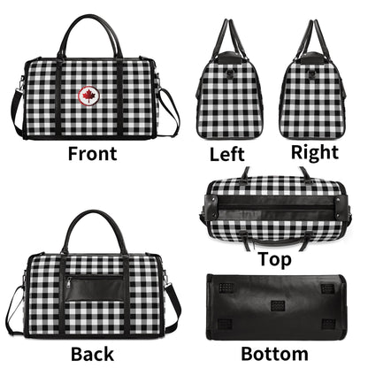 Canadian Maple Leaf Buffalo Plaid - PU Leather Foldable Travel Bag – Convertible From Garment Bag to Duffle Bag