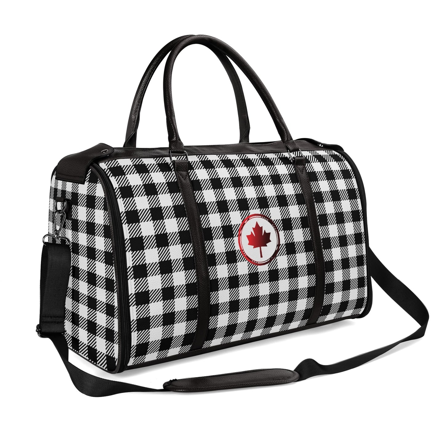 Canadian Maple Leaf Buffalo Plaid - PU Leather Foldable Travel Bag – Convertible From Garment Bag to Duffle Bag