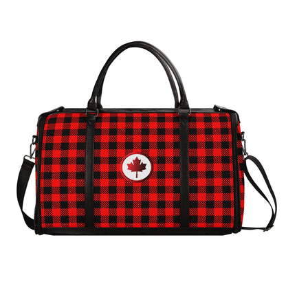 Canadian Maple Leaf Buffalo Plaid - PU Leather Foldable Travel Bag – Convertible From Garment Bag to Duffle Bag