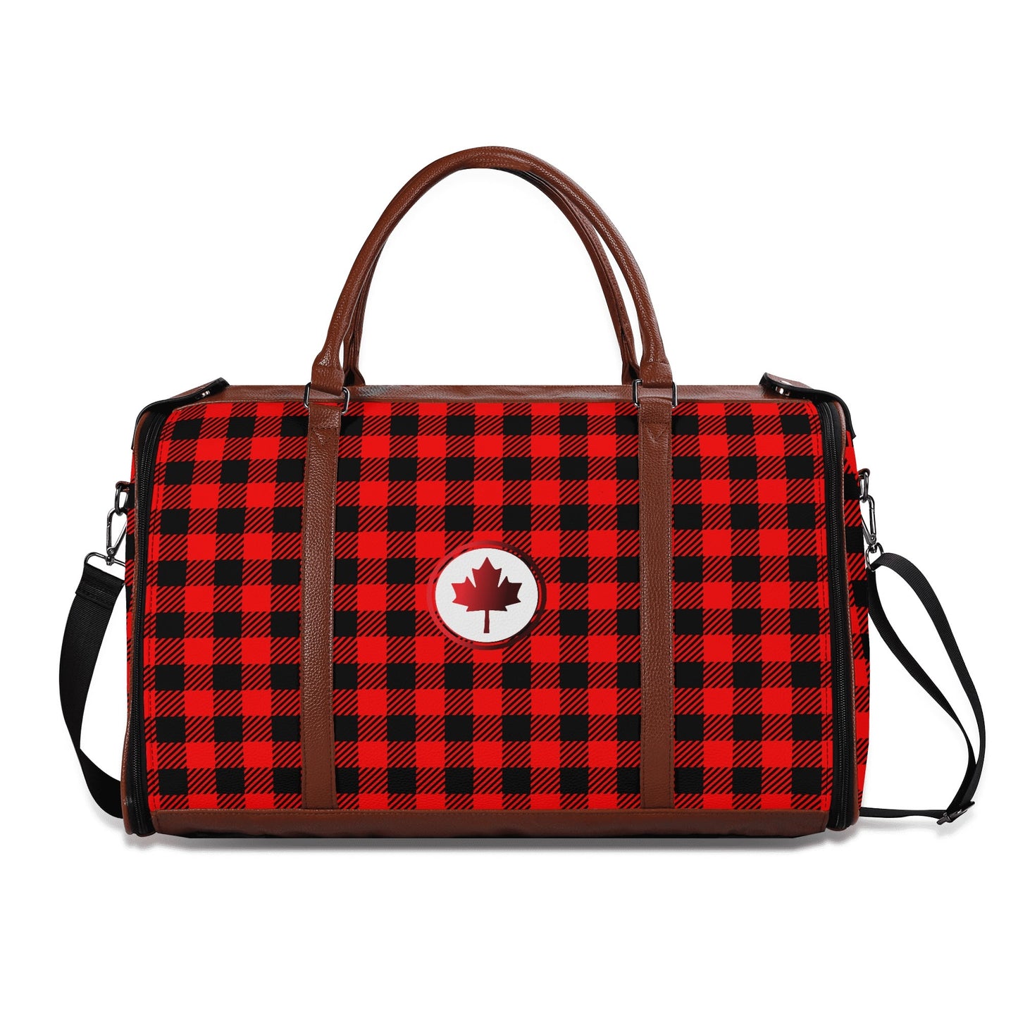 Canadian Maple Leaf Buffalo Plaid - PU Leather Foldable Travel Bag – Convertible From Garment Bag to Duffle Bag