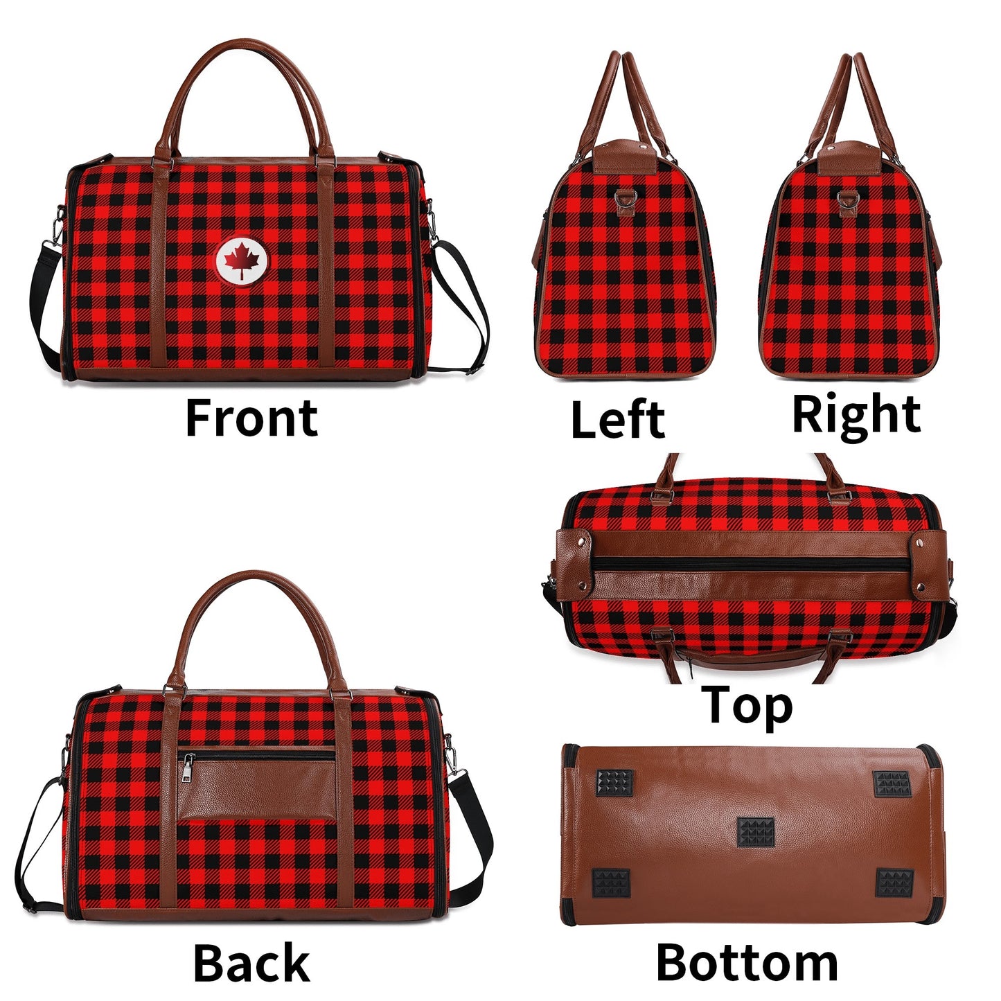 Canadian Maple Leaf Buffalo Plaid - PU Leather Foldable Travel Bag – Convertible From Garment Bag to Duffle Bag