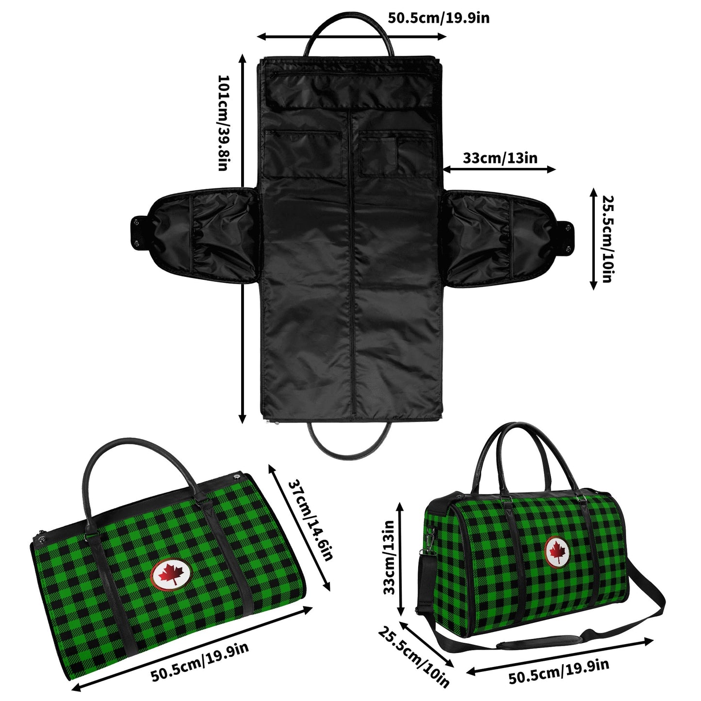 Canadian Maple Leaf Buffalo Plaid - PU Leather Foldable Travel Bag – Convertible From Garment Bag to Duffle Bag