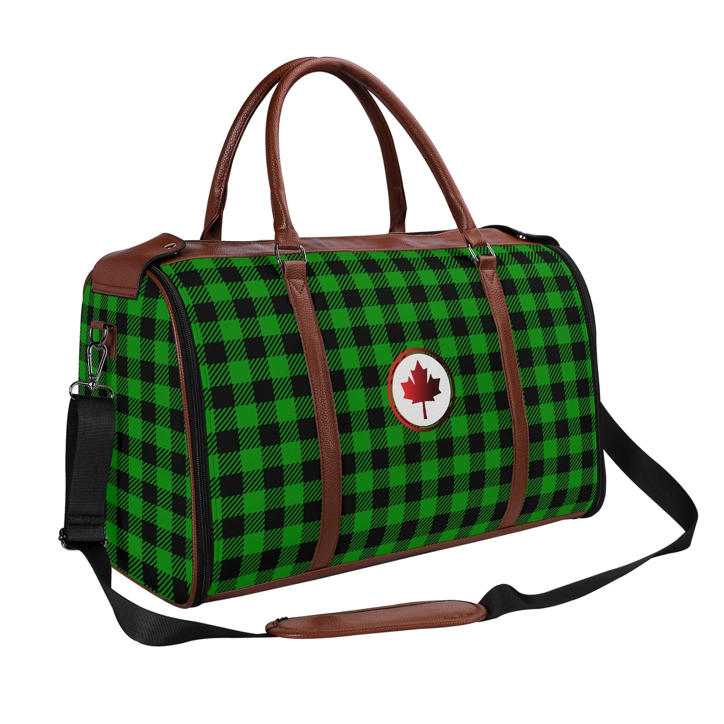 Canadian Maple Leaf Buffalo Plaid - PU Leather Foldable Travel Bag – Convertible From Garment Bag to Duffle Bag