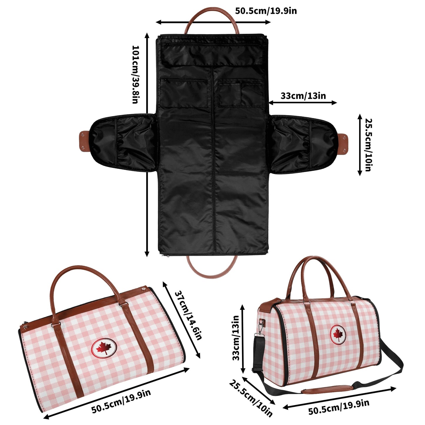 Canadian White Buffalo Plaid with Maple Leaf - PU Leather Foldable Travel Bag – Convertible From Garment Bag to Duffle Bag