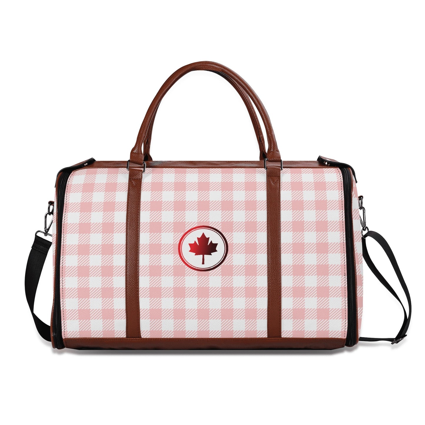 Canadian White Buffalo Plaid with Maple Leaf - PU Leather Foldable Travel Bag – Convertible From Garment Bag to Duffle Bag