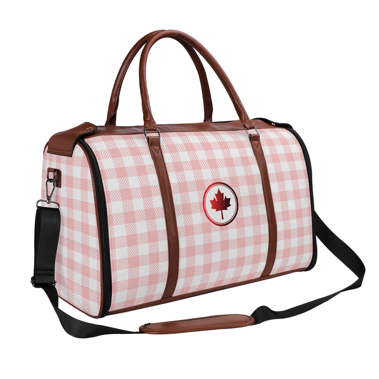 Canadian White Buffalo Plaid with Maple Leaf - PU Leather Foldable Travel Bag – Convertible From Garment Bag to Duffle Bag