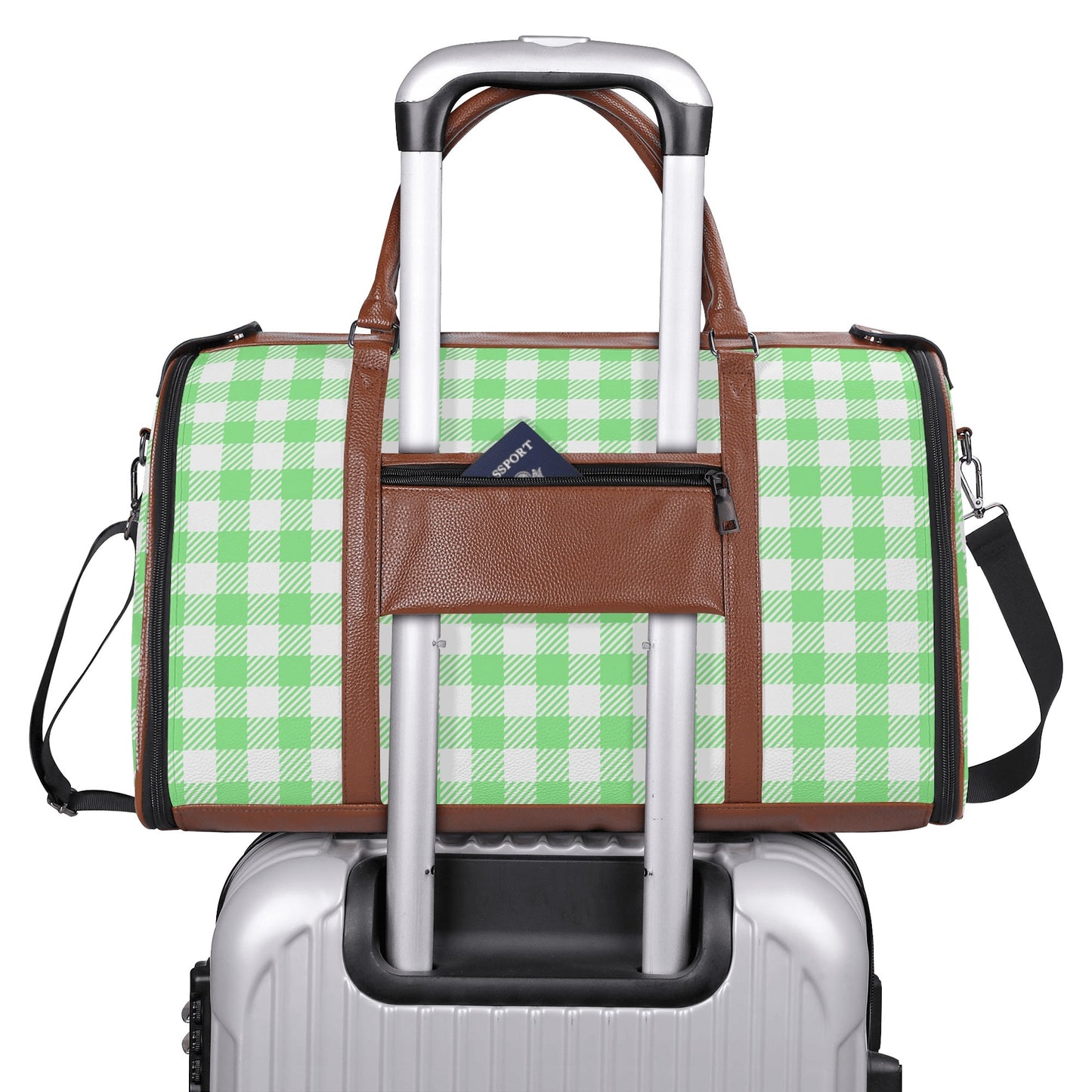 Canadian White Buffalo Plaid with Maple Leaf - PU Leather Foldable Travel Bag – Convertible From Garment Bag to Duffle Bag