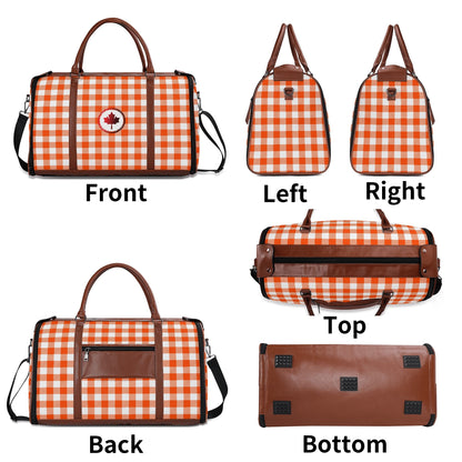 Canadian White Buffalo Plaid with Maple Leaf - PU Leather Foldable Travel Bag – Convertible From Garment Bag to Duffle Bag