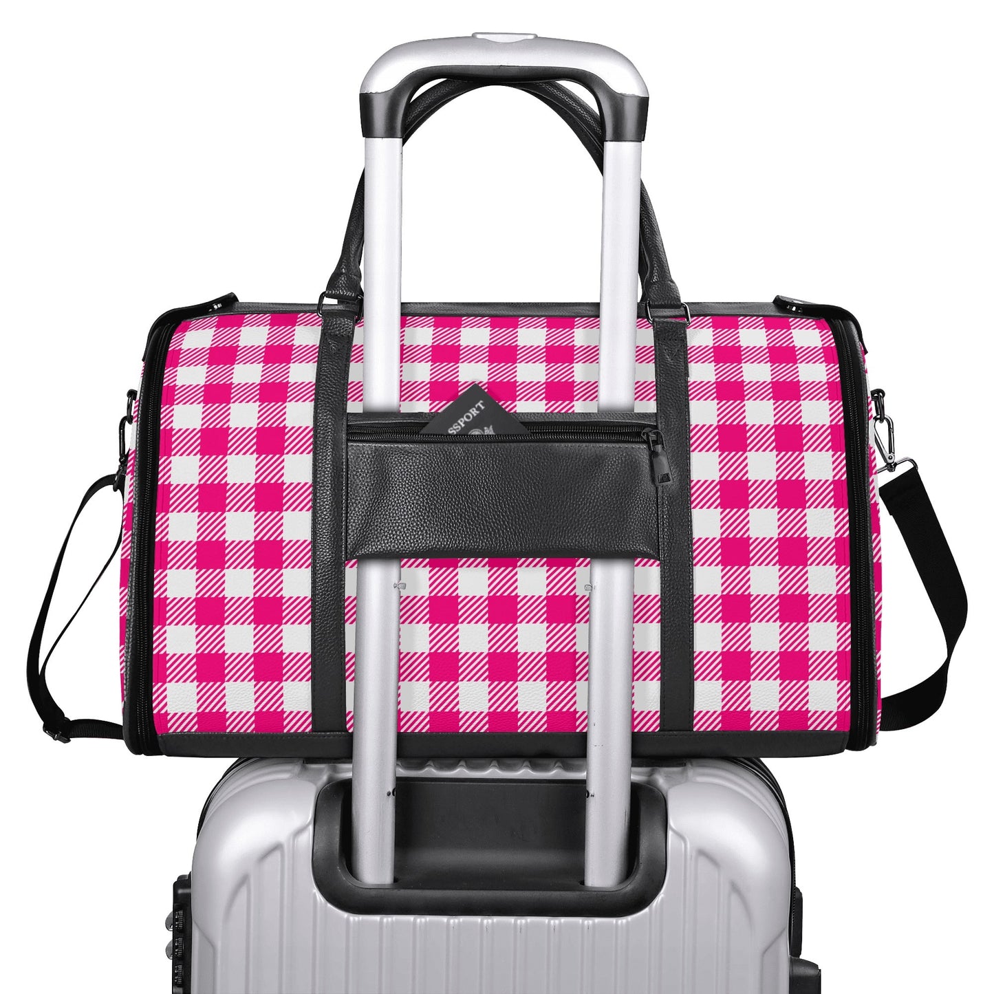 Canadian White Buffalo Plaid with Maple Leaf - PU Leather Foldable Travel Bag – Convertible From Garment Bag to Duffle Bag