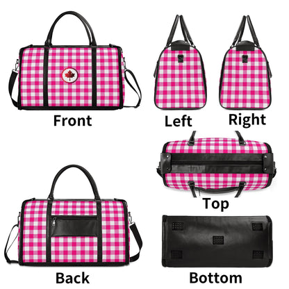 Canadian White Buffalo Plaid with Maple Leaf - PU Leather Foldable Travel Bag – Convertible From Garment Bag to Duffle Bag