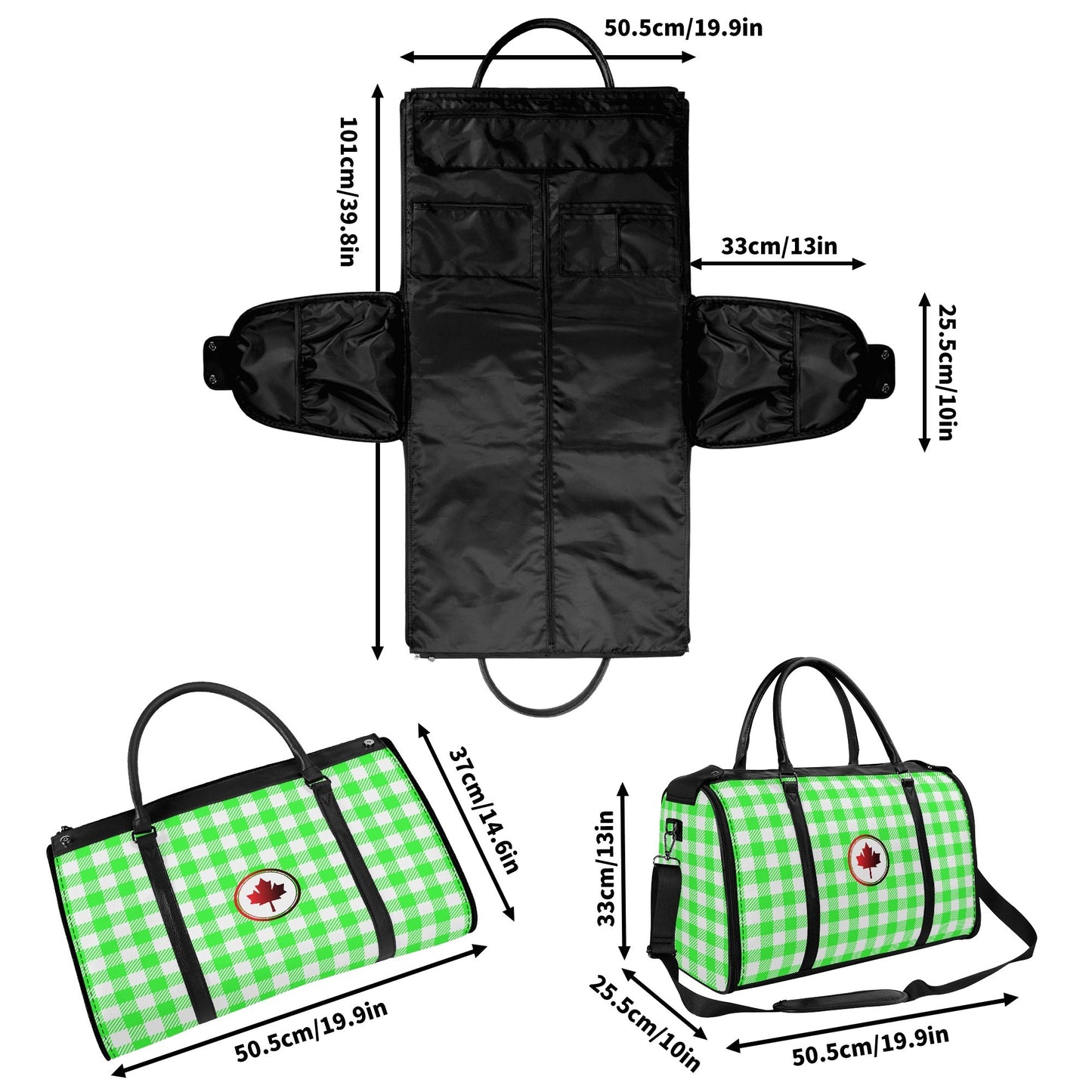 Canadian White Buffalo Plaid with Maple Leaf - PU Leather Foldable Travel Bag – Convertible From Garment Bag to Duffle Bag