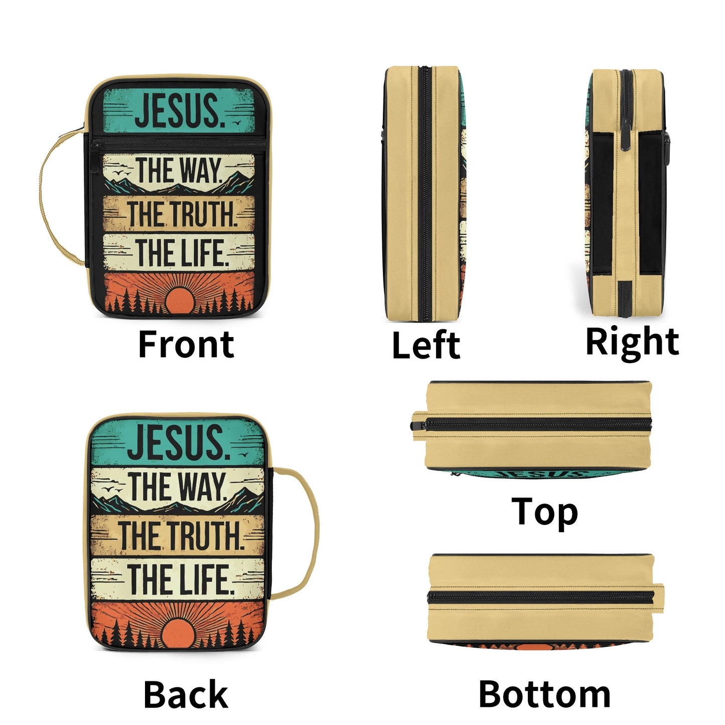 Jesus - The Way The Truth The Life - Durable Bible Cover with Pocket, Handle and Zipper – Perfect for Church, Study, or Travel - Sunset