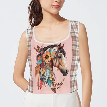 Boho Horses and Soft Checkers - Womens Sleeveless Crop Top – Soft, Lightweight, Versatile Fit (S-5XL)