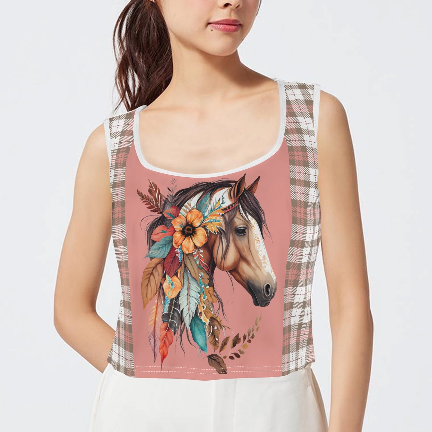 Boho Horses and Soft Checkers - Womens Sleeveless Crop Top – Soft, Lightweight, Versatile Fit (S-5XL)