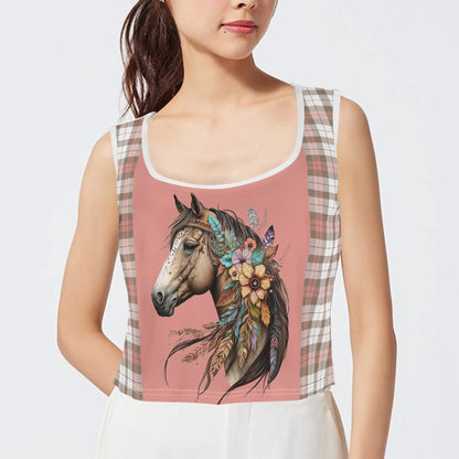 Boho Horses and Soft Checkers - Womens Sleeveless Crop Top – Soft, Lightweight, Versatile Fit (S-5XL)