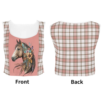 Boho Horses and Soft Checkers - Womens Sleeveless Crop Top – Soft, Lightweight, Versatile Fit (S-5XL)