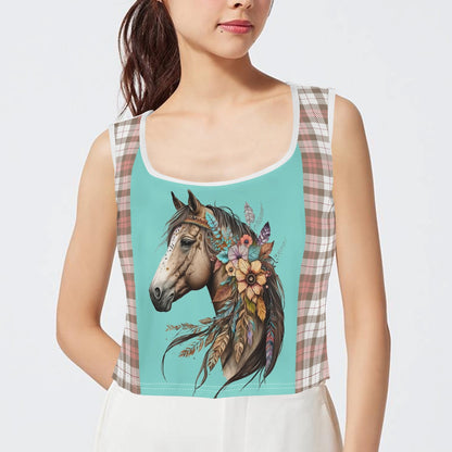 Boho Horses and Soft Checkers - Womens Sleeveless Crop Top – Soft, Lightweight, Versatile Fit (S-5XL)