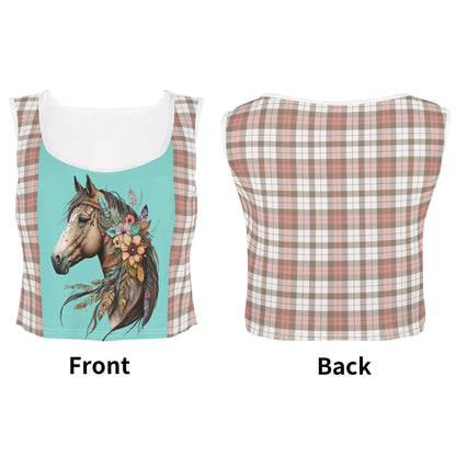 Boho Horses and Soft Checkers - Womens Sleeveless Crop Top – Soft, Lightweight, Versatile Fit (S-5XL)