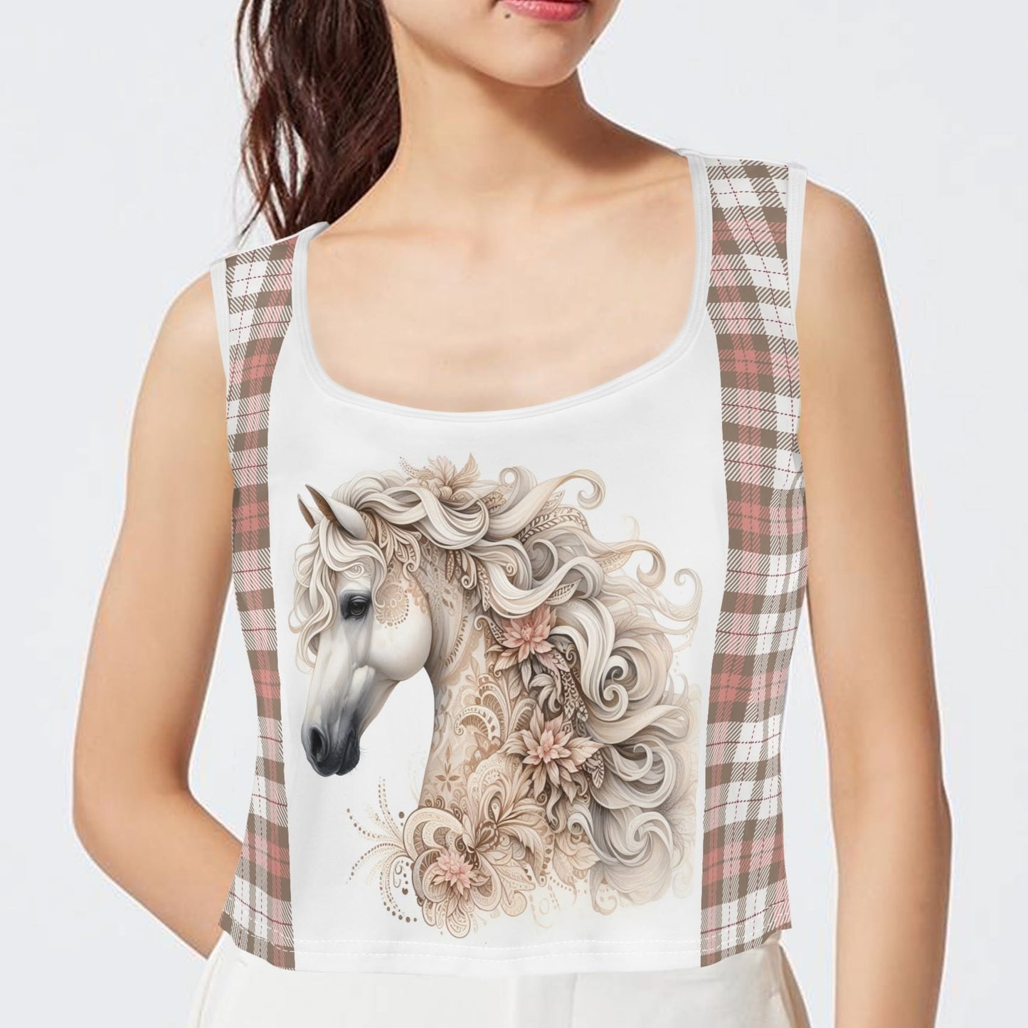 Boho Horses and Soft Checkers - Womens Sleeveless Crop Top – Soft, Lightweight, Versatile Fit (S-5XL)