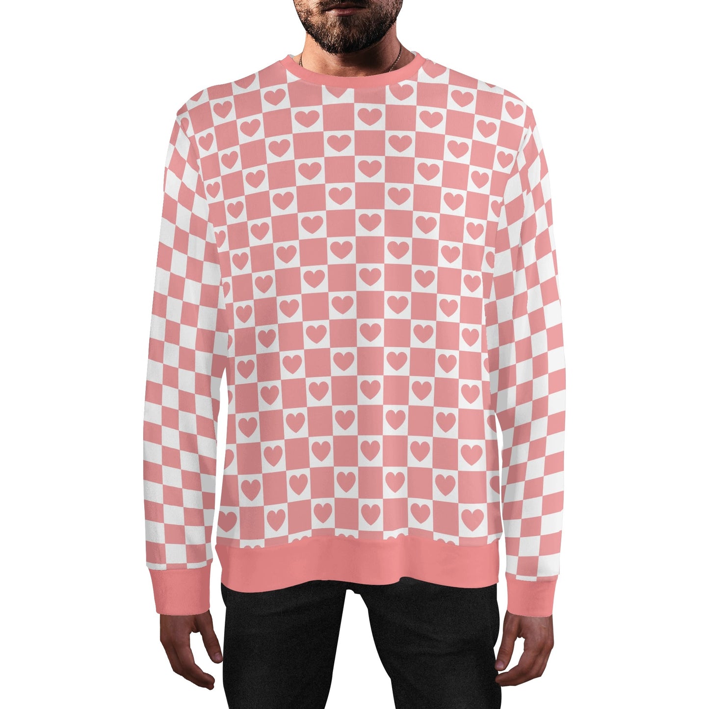 Retro Checkered Pink - Checkered Hearts Sleeves - Unisex Casual Pullover Sweatshirt – Stylish, Comfortable, and Versatile