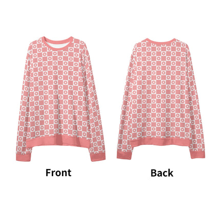 Retro Pink Checkered Flowers - Pink Sleeves Unisex Casual Pullover Sweatshirt – Stylish, Comfortable, and Versatile