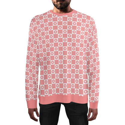 Retro Pink Checkered Flowers - Pink Sleeves Unisex Casual Pullover Sweatshirt – Stylish, Comfortable, and Versatile