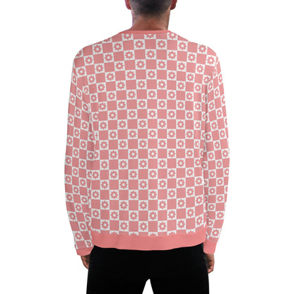 Retro Pink Checkered Flowers - Pink Sleeves Unisex Casual Pullover Sweatshirt – Stylish, Comfortable, and Versatile