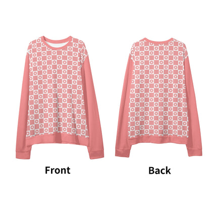 Retro Pink Checkered Flowers - Pink Sleeves Unisex Casual Pullover Sweatshirt – Stylish, Comfortable, and Versatile