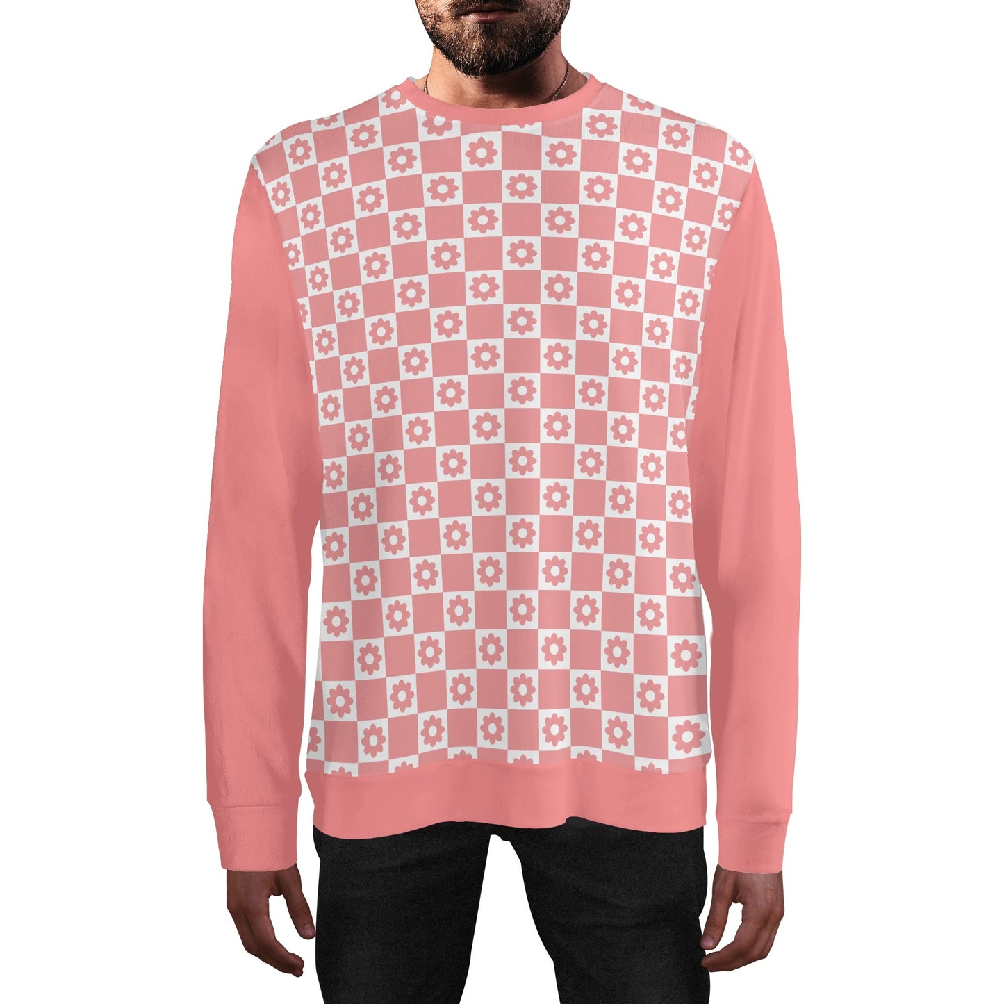 Retro Pink Checkered Flowers - Pink Sleeves Unisex Casual Pullover Sweatshirt – Stylish, Comfortable, and Versatile