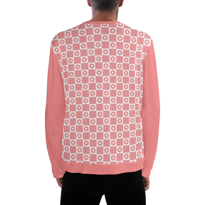 Retro Pink Checkered Flowers - Pink Sleeves Unisex Casual Pullover Sweatshirt – Stylish, Comfortable, and Versatile