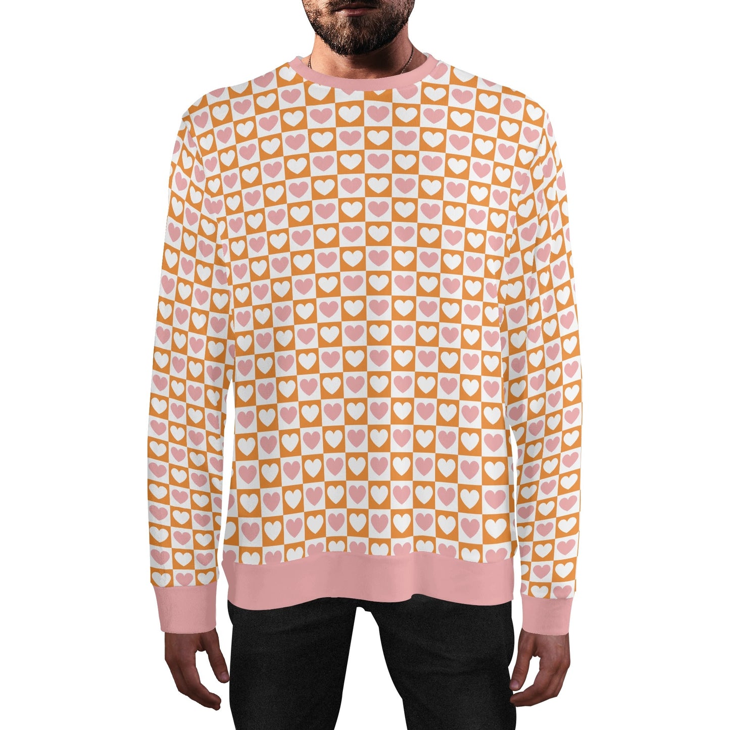 Retro Pink & Orange Checkered Hearts - Unisex Casual Pullover Sweatshirt – Stylish, Comfortable, and Versatile