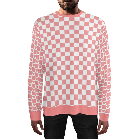 Retro Checkered Pink - Checkered Hearts Sleeves - Unisex Casual Pullover Sweatshirt – Stylish, Comfortable, and Versatile