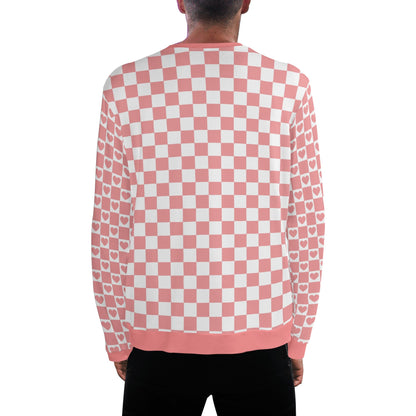 Retro Checkered Pink - Checkered Hearts Sleeves - Unisex Casual Pullover Sweatshirt – Stylish, Comfortable, and Versatile