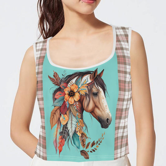 Boho Horses and Soft Checkers - Womens Sleeveless Crop Top – Soft, Lightweight, Versatile Fit (S-5XL)