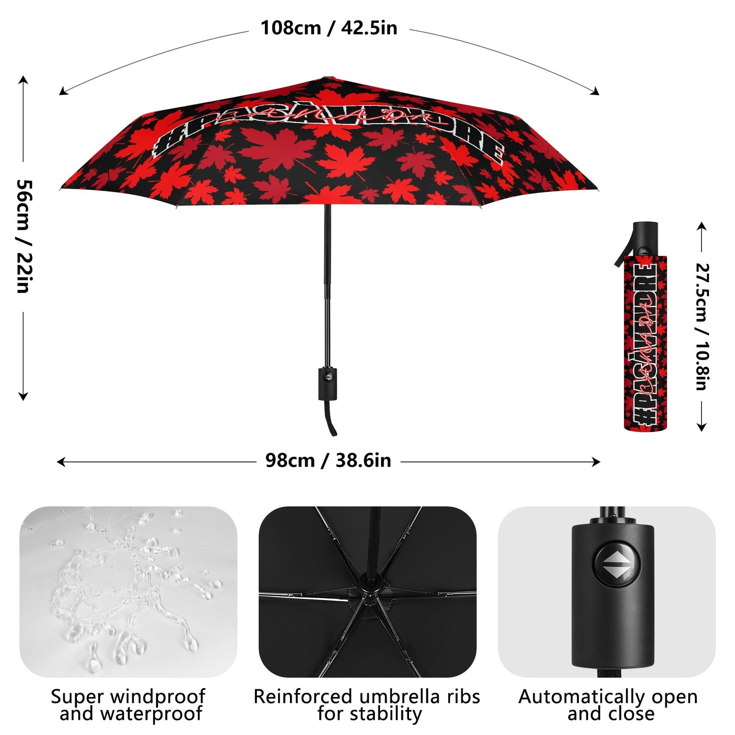 Canada n’est #PASÀVENDRE – Parapluie entièrement automatique avec impression extérieure – Unique, élégant et durable