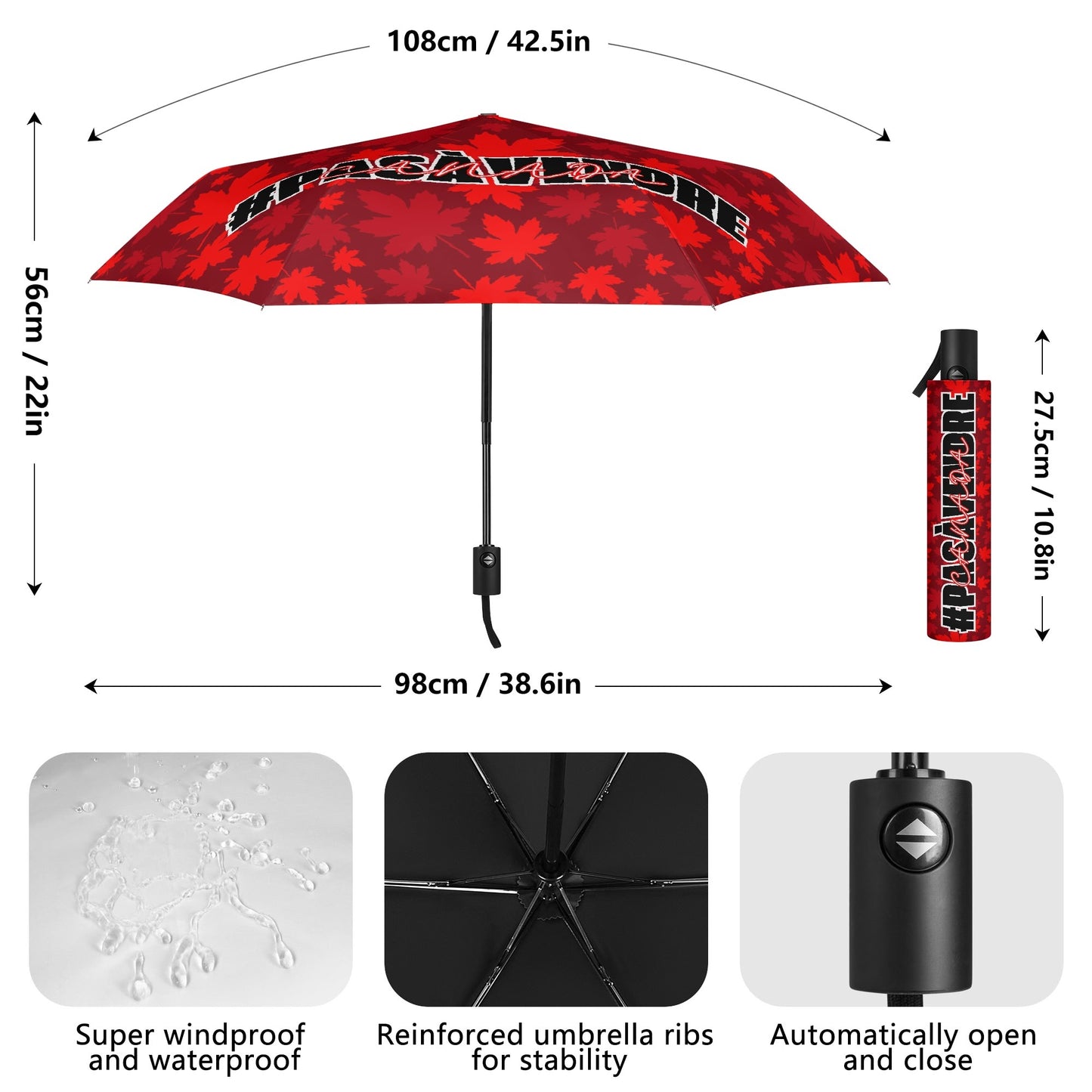 Canada n’est #PASÀVENDRE – Parapluie entièrement automatique avec impression extérieure – Unique, élégant et durable